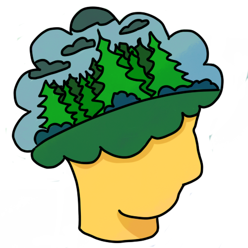 a yellow head. the top half has a cloud shape over it. in the cloud shape is a group of pine trees on dark green grass, with a blue sky and dark grey clouds